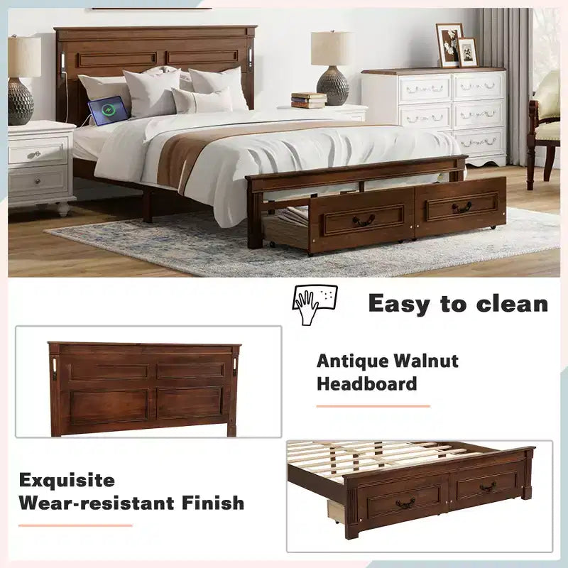 ModernLuxe Letto a Piattaforma Queen/King Size con Testiera Alta, Struttura Letto Rustica in Legno con 2 Cassetti, Luci LED e Porte USB