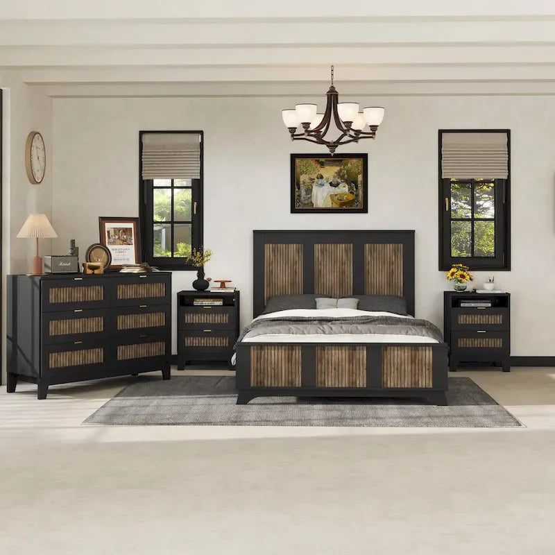 Set 4 pezzi per camera da letto: letto a piattaforma stile rustico, comodino e cassettiera con maniglie in metallo