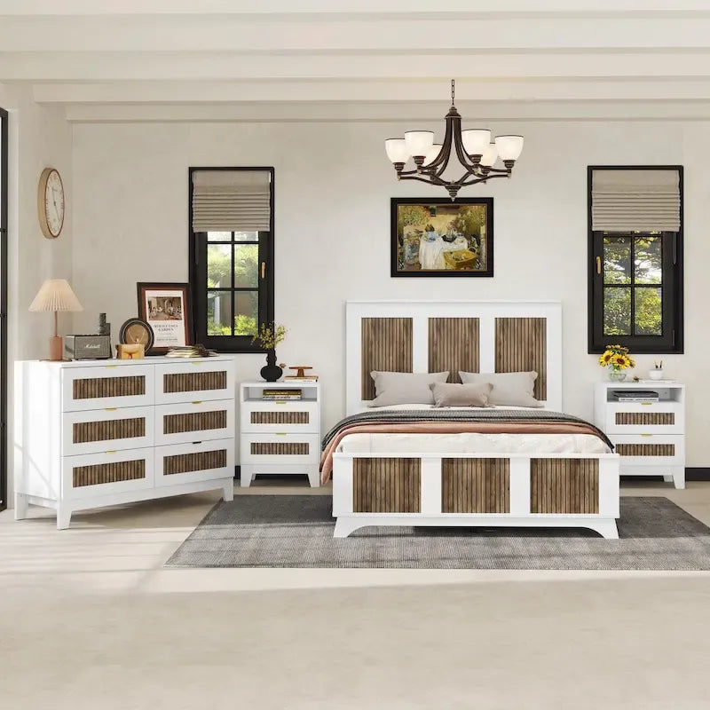 Ensemble de chambre à coucher 4 pièces : Lit plateforme style ferme, table de chevet et commode avec poignées en métal