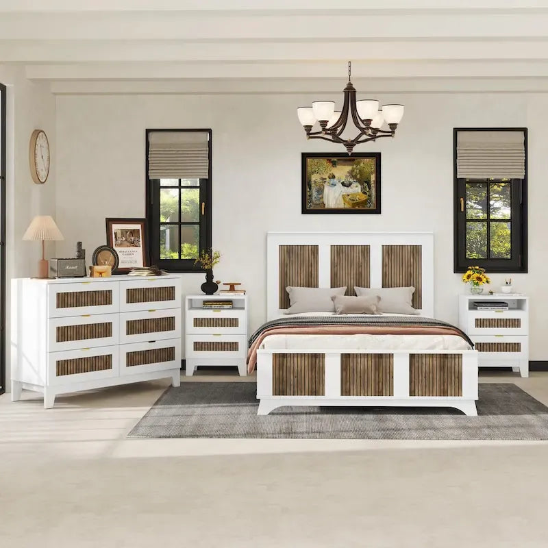 Set 4 pezzi per camera da letto: letto a piattaforma stile rustico, comodino e cassettiera con maniglie in metallo