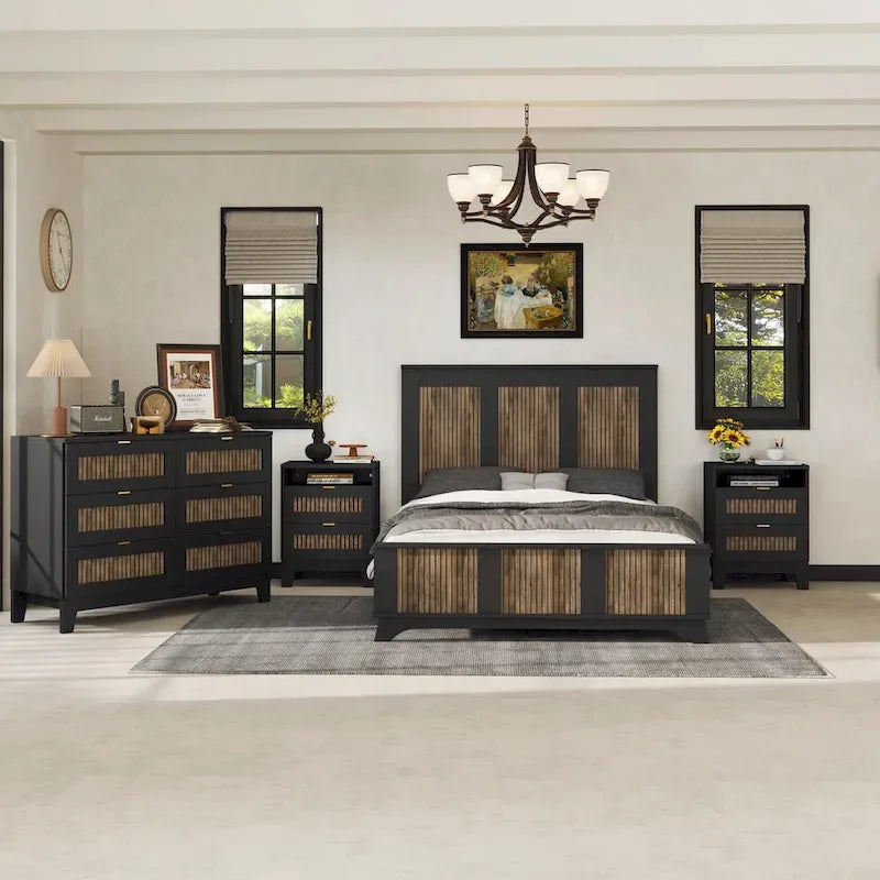 Set 4 pezzi per camera da letto: letto a piattaforma stile rustico, comodino e cassettiera con maniglie in metallo