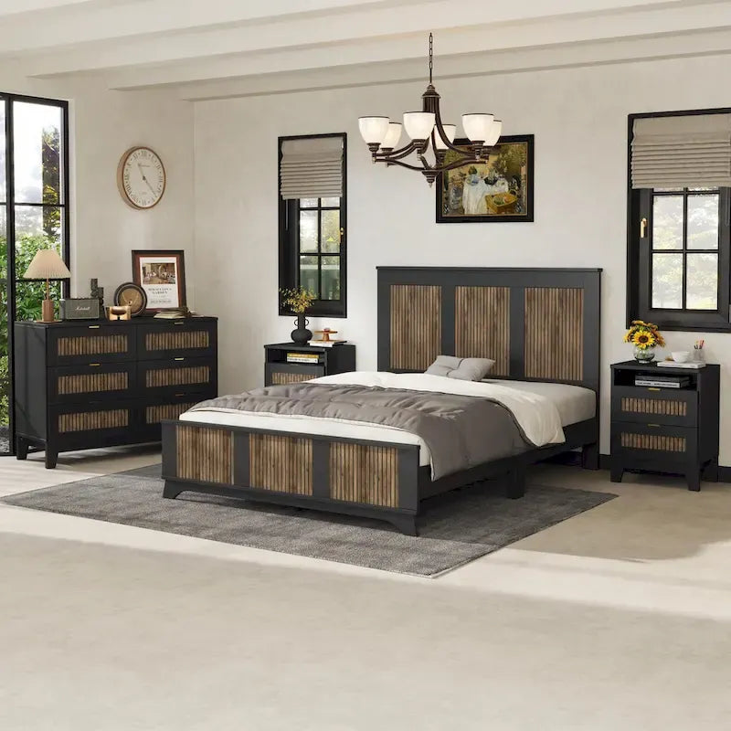 Set 4 pezzi per camera da letto: letto a piattaforma stile rustico, comodino e cassettiera con maniglie in metallo
