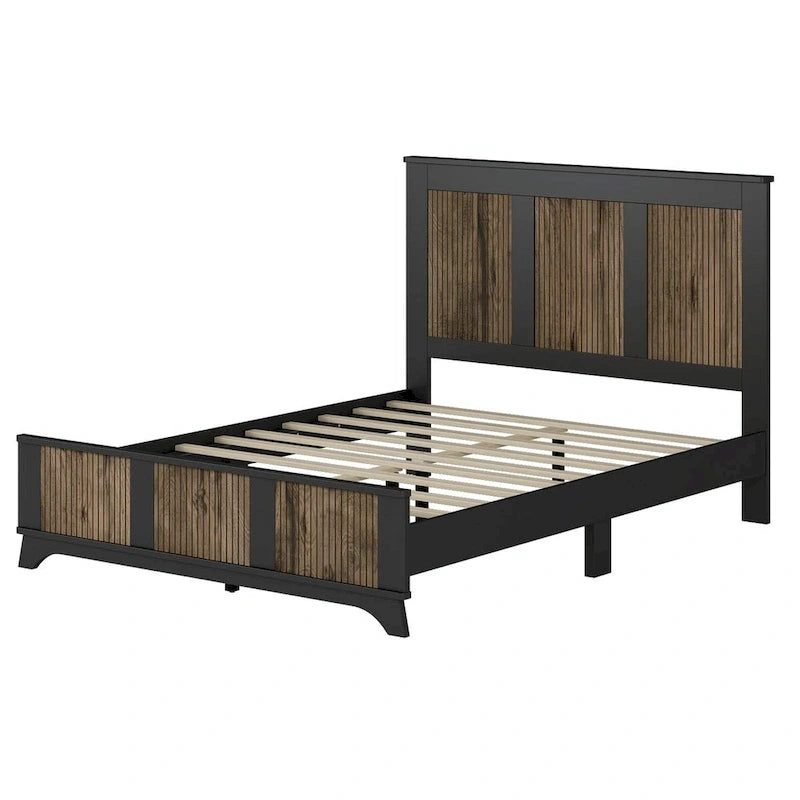 Set 4 pezzi per camera da letto: letto a piattaforma stile rustico, comodino e cassettiera con maniglie in metallo