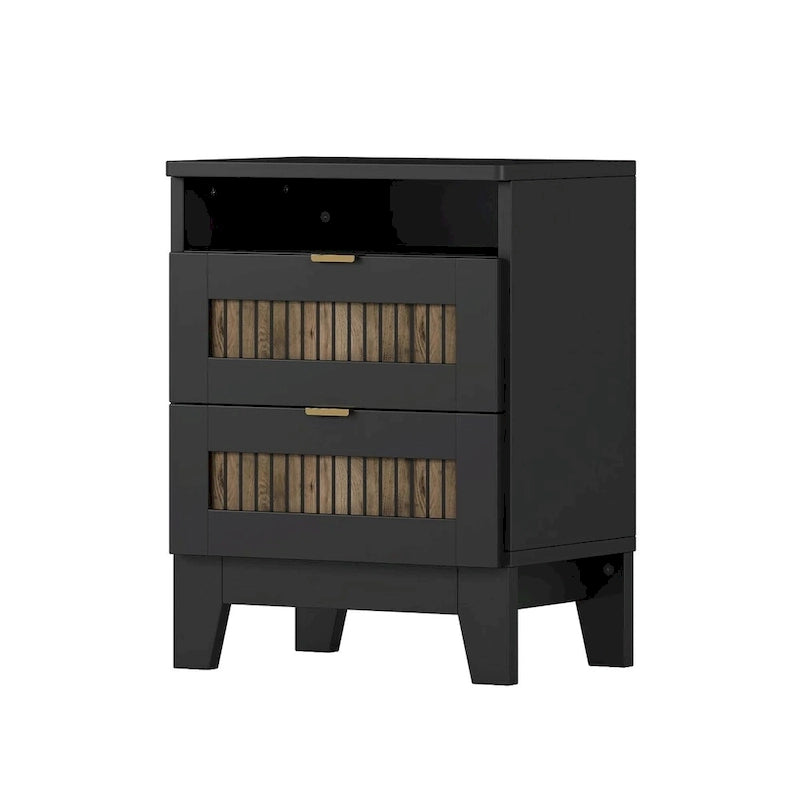 Set 4 pezzi per camera da letto: letto a piattaforma stile rustico, comodino e cassettiera con maniglie in metallo