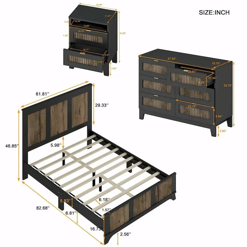 Set 4 pezzi per camera da letto: letto a piattaforma stile rustico, comodino e cassettiera con maniglie in metallo
