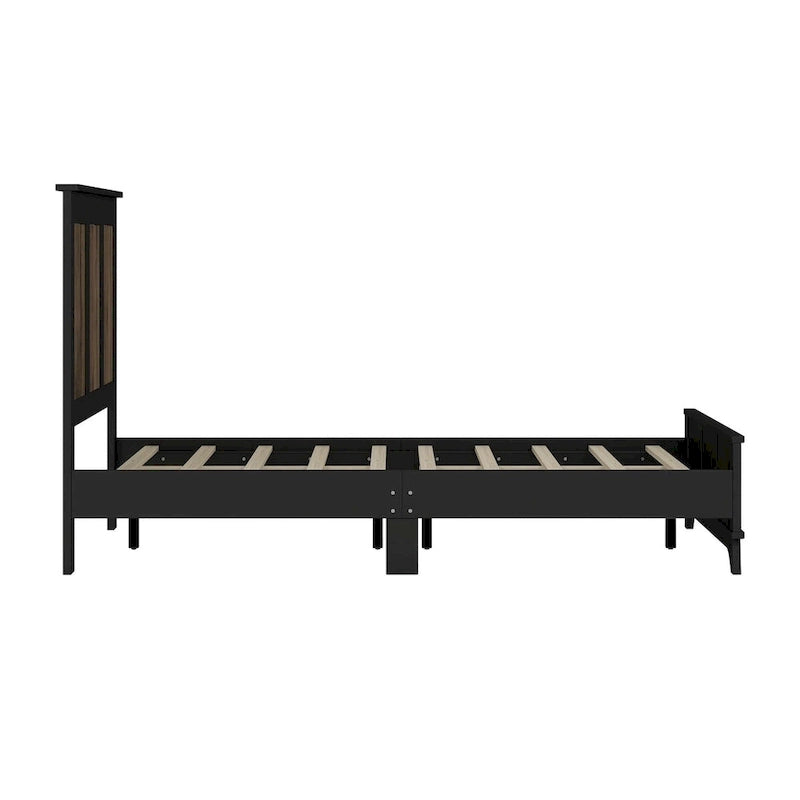 Set 4 pezzi per camera da letto: letto a piattaforma stile rustico, comodino e cassettiera con maniglie in metallo