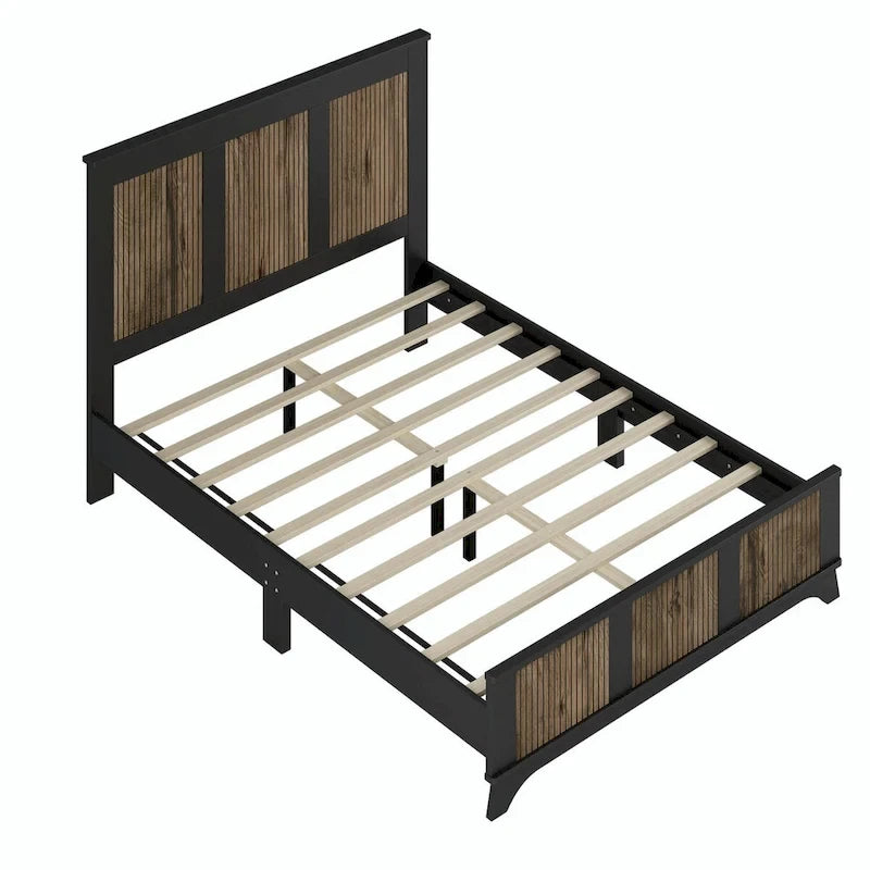 Set 4 pezzi per camera da letto: letto a piattaforma stile rustico, comodino e cassettiera con maniglie in metallo