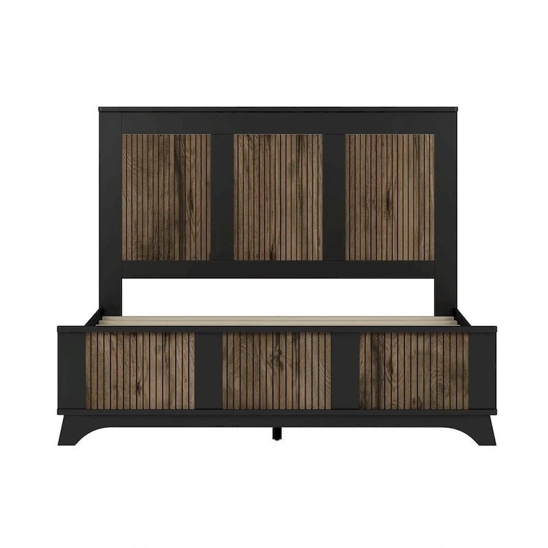 Set 4 pezzi per camera da letto: letto a piattaforma stile rustico, comodino e cassettiera con maniglie in metallo