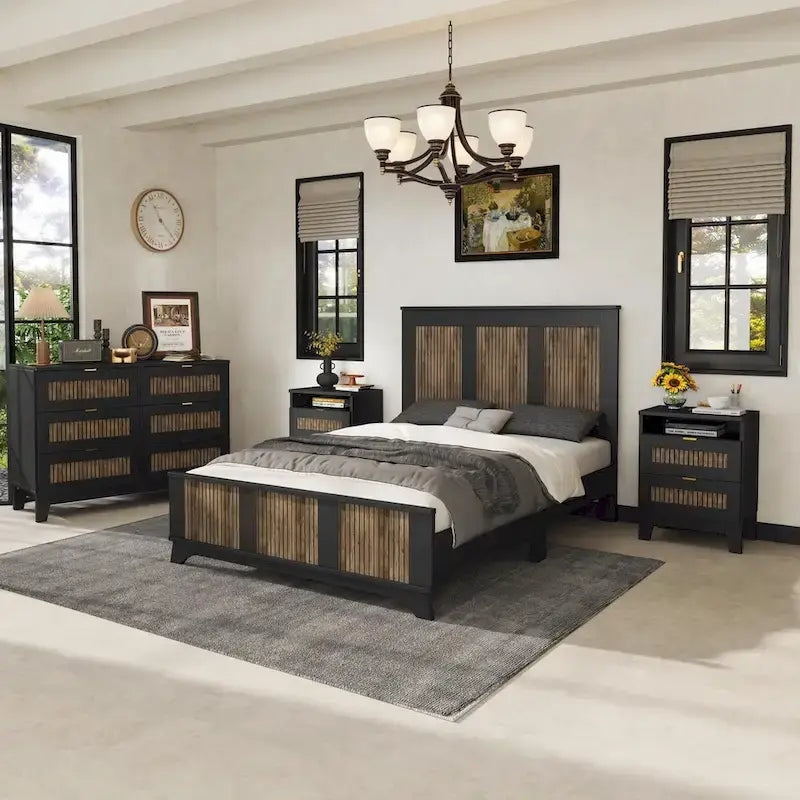 Set 4 pezzi per camera da letto: letto a piattaforma stile rustico, comodino e cassettiera con maniglie in metallo