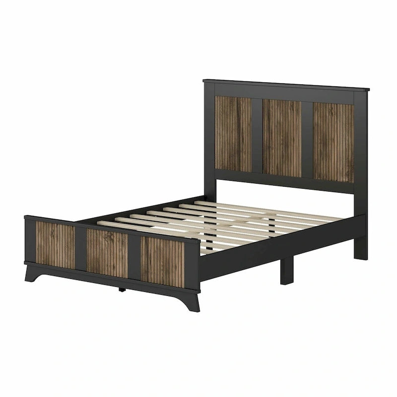 Set 4 pezzi per camera da letto: letto a piattaforma stile rustico, comodino e cassettiera con maniglie in metallo
