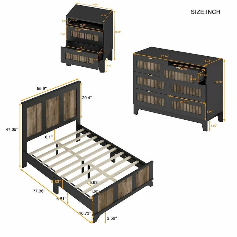 Set 4 pezzi per camera da letto: letto a piattaforma stile rustico, comodino e cassettiera con maniglie in metallo