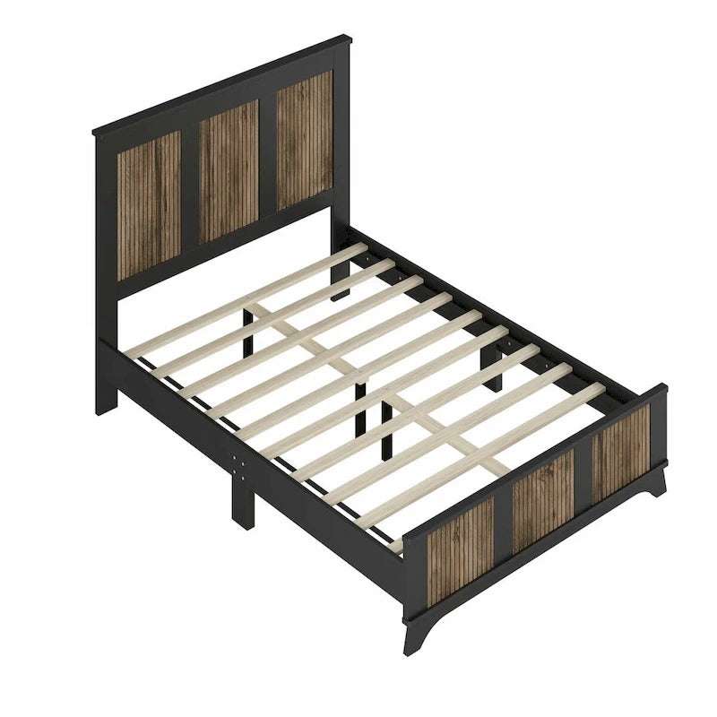 Set 4 pezzi per camera da letto: letto a piattaforma stile rustico, comodino e cassettiera con maniglie in metallo