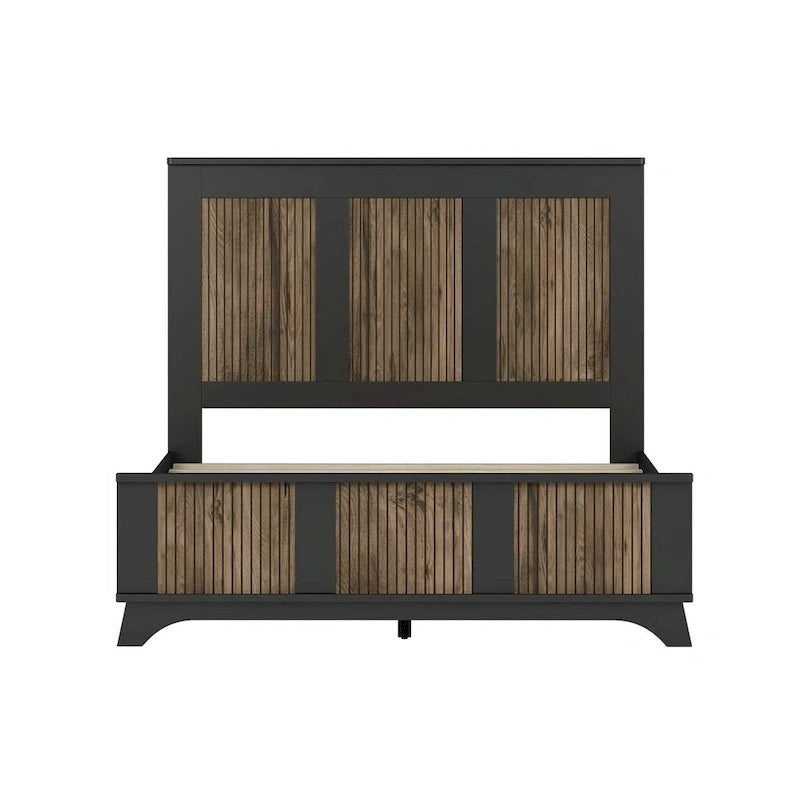 Set 4 pezzi per camera da letto: letto a piattaforma stile rustico, comodino e cassettiera con maniglie in metallo