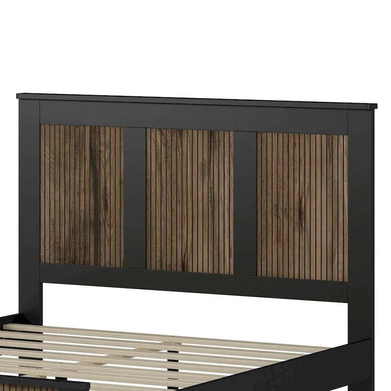 Set 4 pezzi per camera da letto: letto a piattaforma stile rustico, comodino e cassettiera con maniglie in metallo