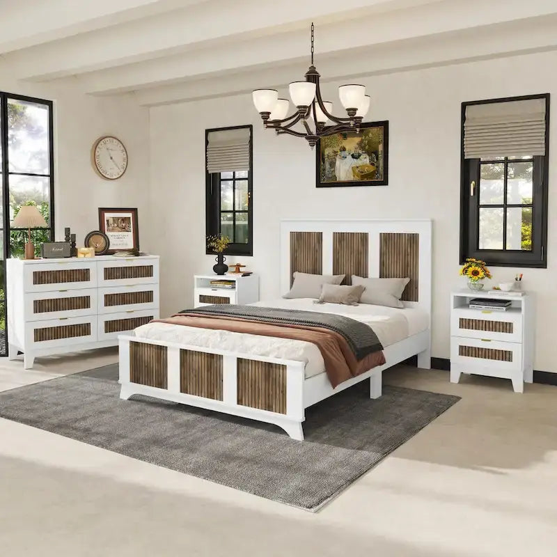 Set 4 pezzi per camera da letto: letto a piattaforma stile rustico, comodino e cassettiera con maniglie in metallo