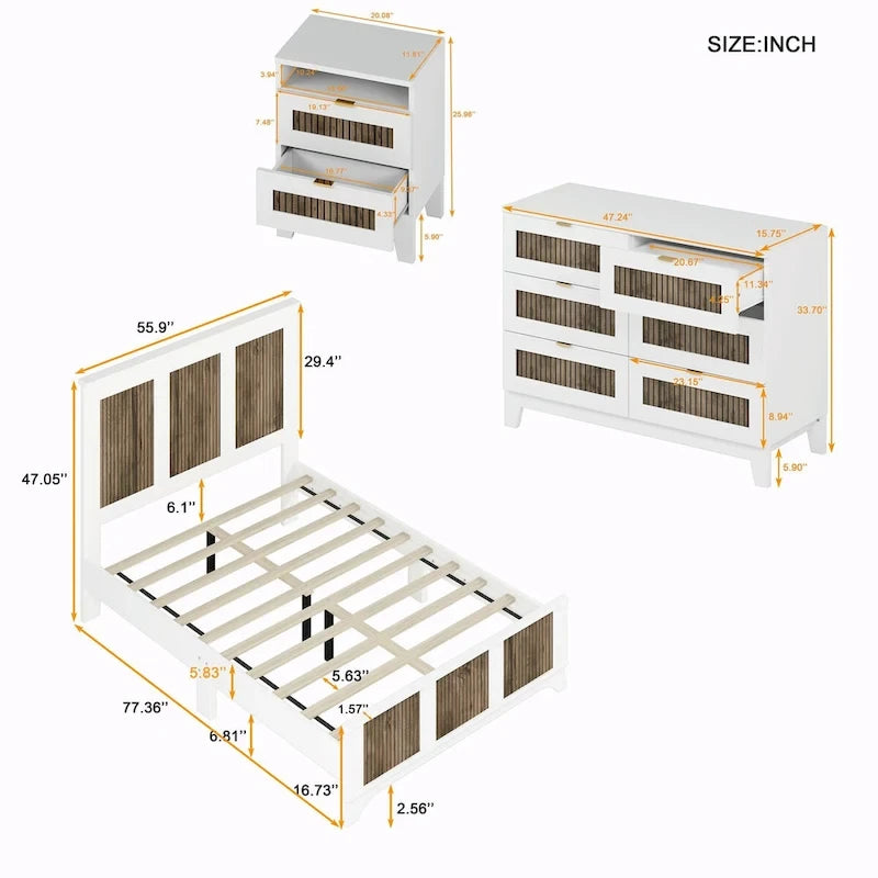Set 4 pezzi per camera da letto: letto a piattaforma stile rustico, comodino e cassettiera con maniglie in metallo