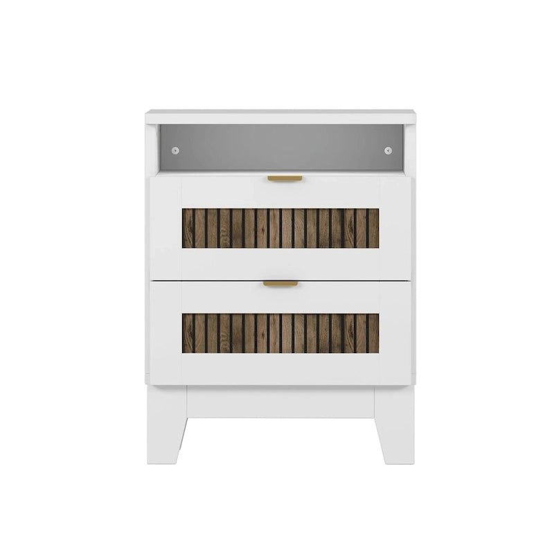 Set 4 pezzi per camera da letto: letto a piattaforma stile rustico, comodino e cassettiera con maniglie in metallo