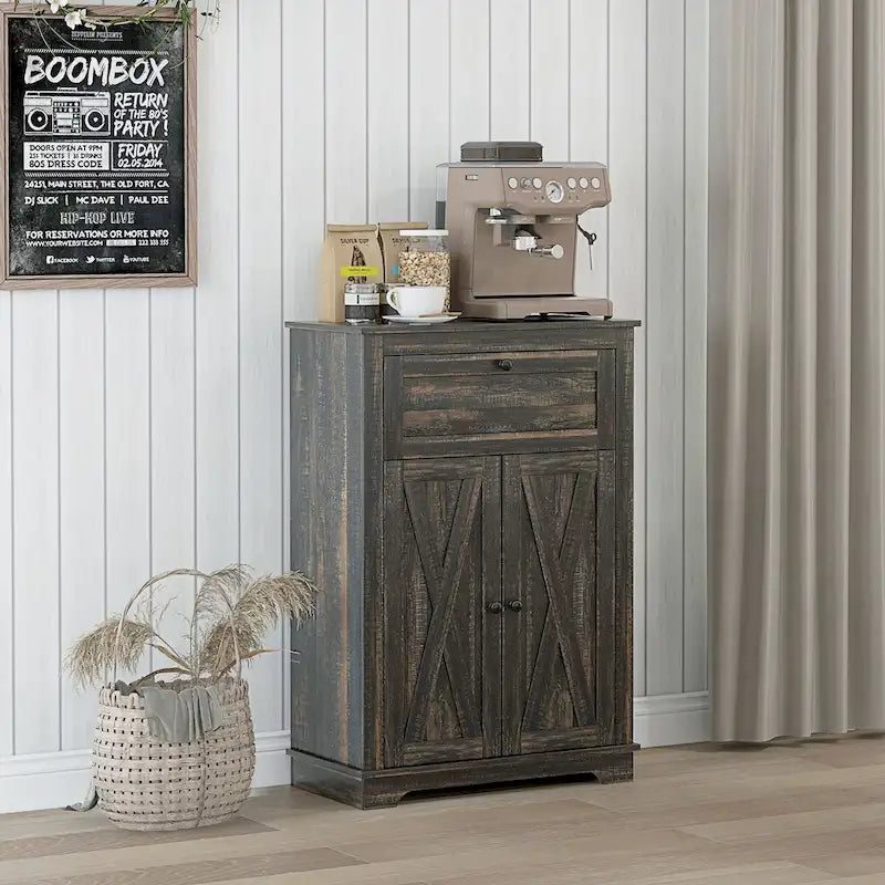 HOMCOM Farmhouse Barn Door Accent Cabinet, Kitchen Sideboard Storage Cabinet with Double Doors, Drawer, and Adjustable Shelf
