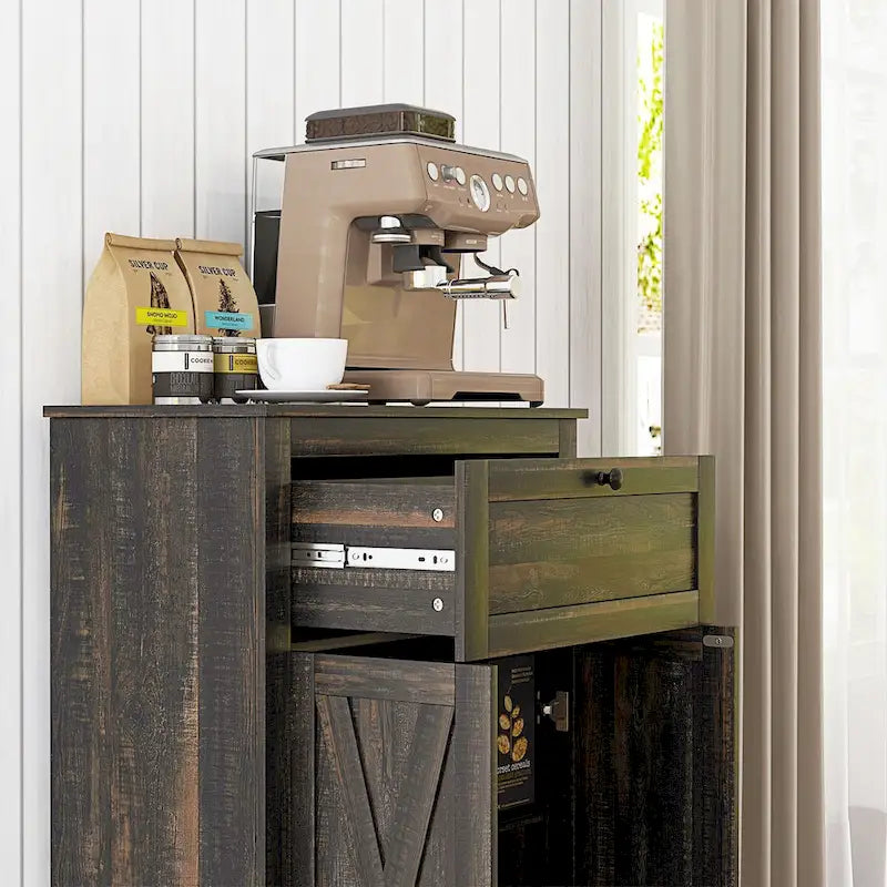 HOMCOM Farmhouse Barn Door Accent Cabinet, Kitchen Sideboard Storage Cabinet with Double Doors, Drawer, and Adjustable Shelf