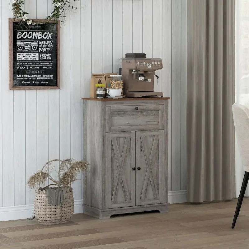 HOMCOM Farmhouse Barn Door Accent Cabinet, Kitchen Sideboard Storage Cabinet with Double Doors, Drawer, and Adjustable Shelf