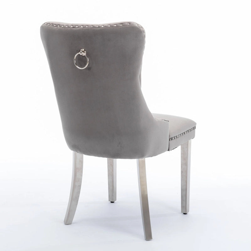 Sedie da pranzo imbottite in velluto con borchie e gambe in acciaio inossidabile placcato argento, set da 2
