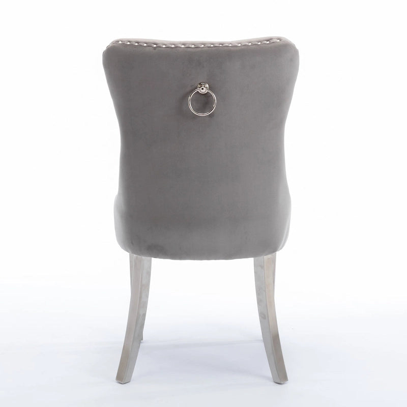 Sedie da pranzo imbottite in velluto con borchie e gambe in acciaio inossidabile placcato argento, set da 2