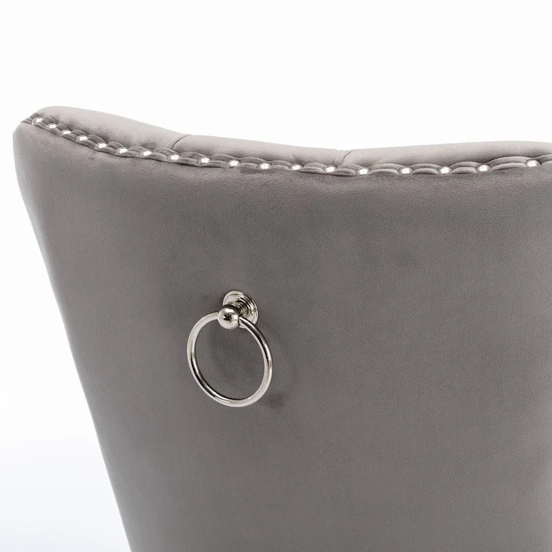 Sedie da pranzo imbottite in velluto con borchie e gambe in acciaio inossidabile placcato argento, set da 2