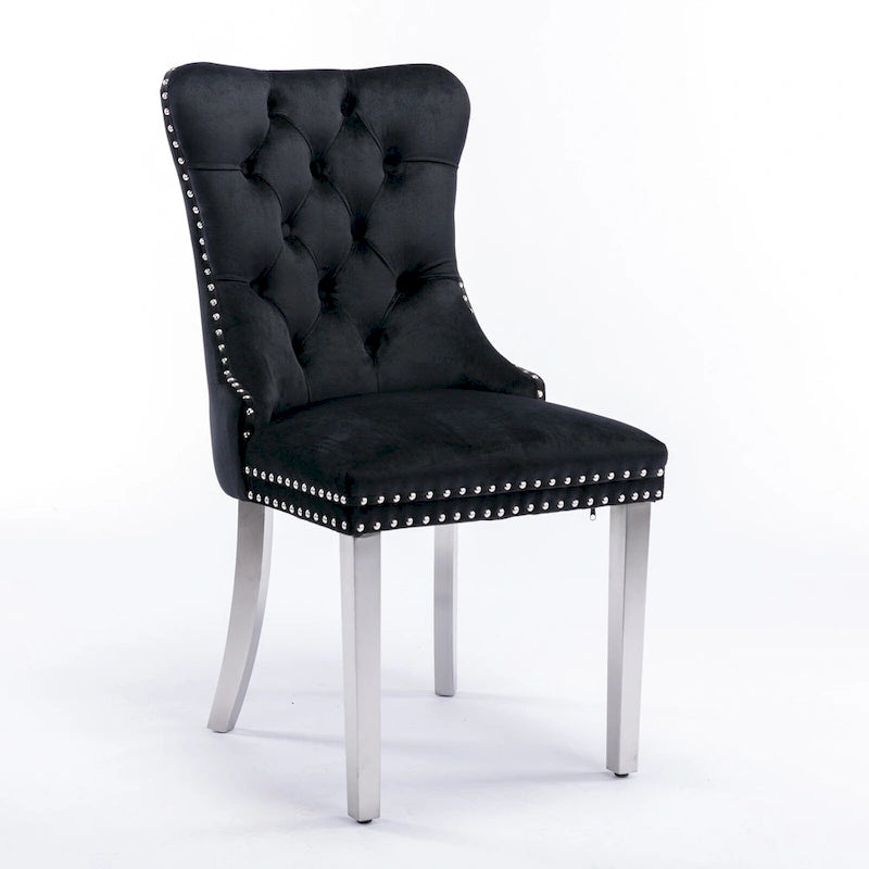 Sedie da pranzo imbottite in velluto con borchie e gambe in acciaio inossidabile placcato argento, set da 2