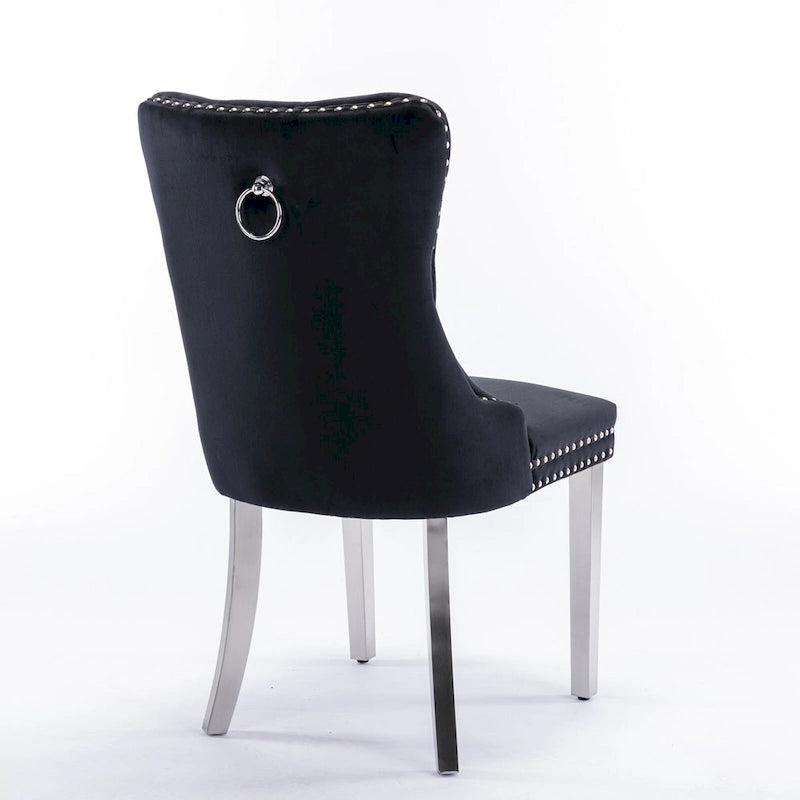 Sedie da pranzo imbottite in velluto con borchie e gambe in acciaio inossidabile placcato argento, set da 2