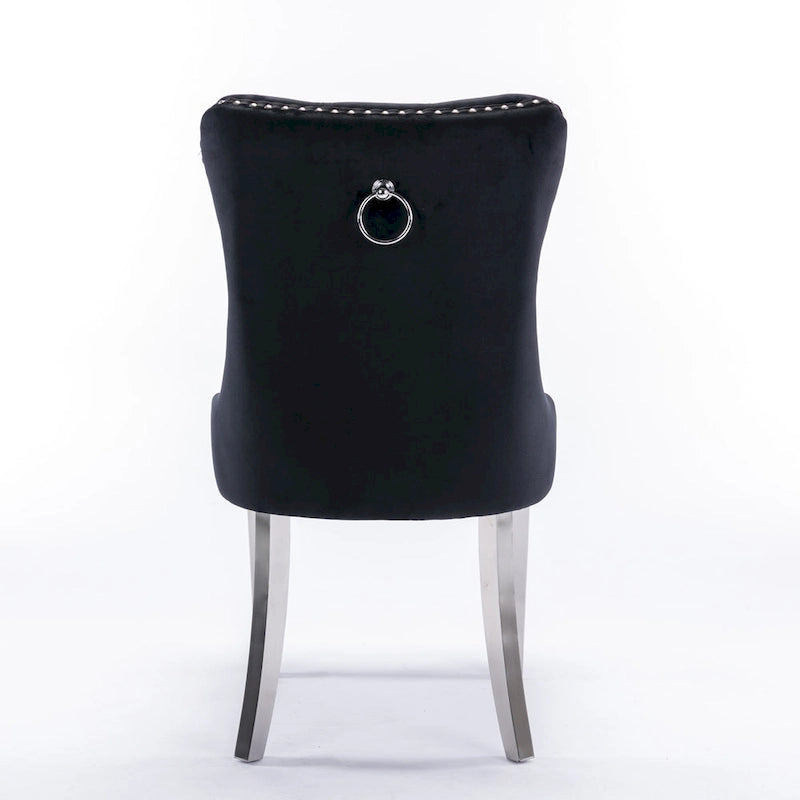 Sedie da pranzo imbottite in velluto con borchie e gambe in acciaio inossidabile placcato argento, set da 2