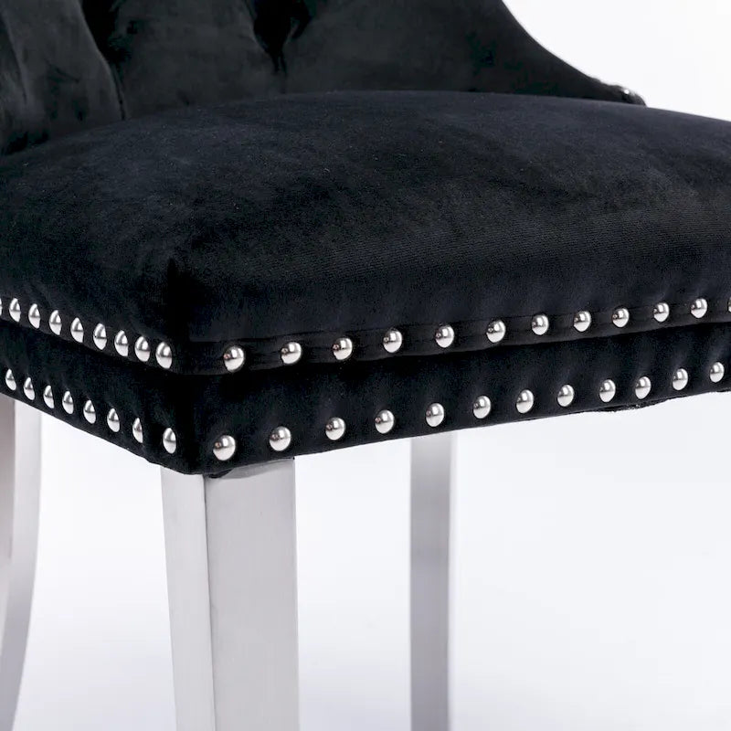 Sedie da pranzo imbottite in velluto con borchie e gambe in acciaio inossidabile placcato argento, set da 2