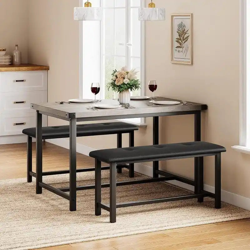 Set tavolo da pranzo per 4, tavolo da cucina con 2 panche imbottite