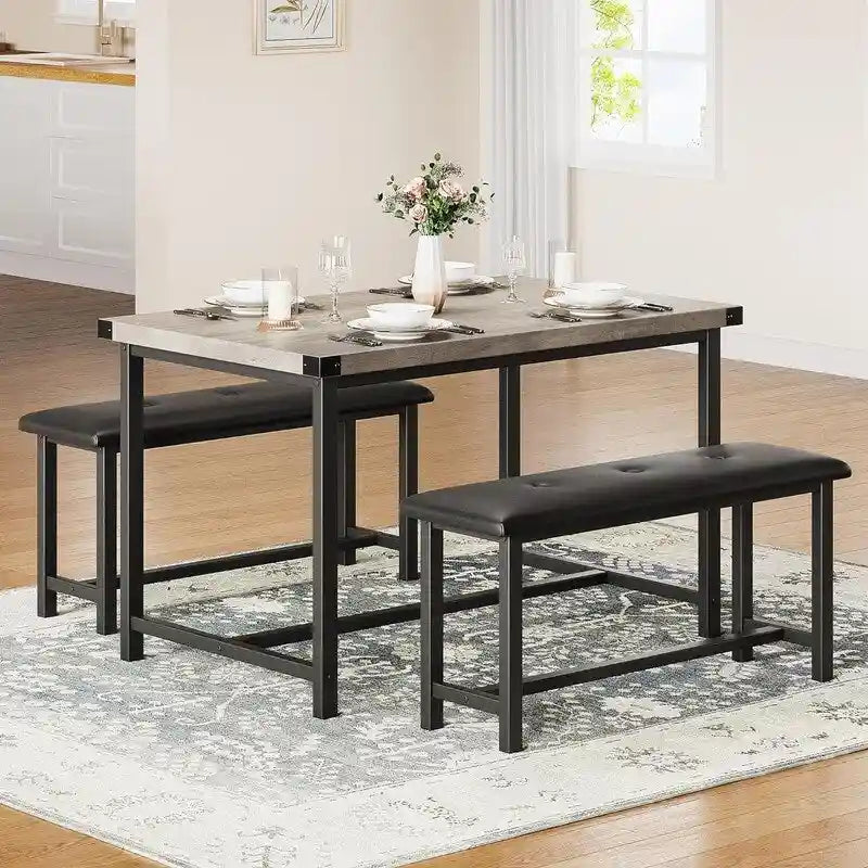 Set tavolo da pranzo per 4, tavolo da cucina con 2 panche imbottite