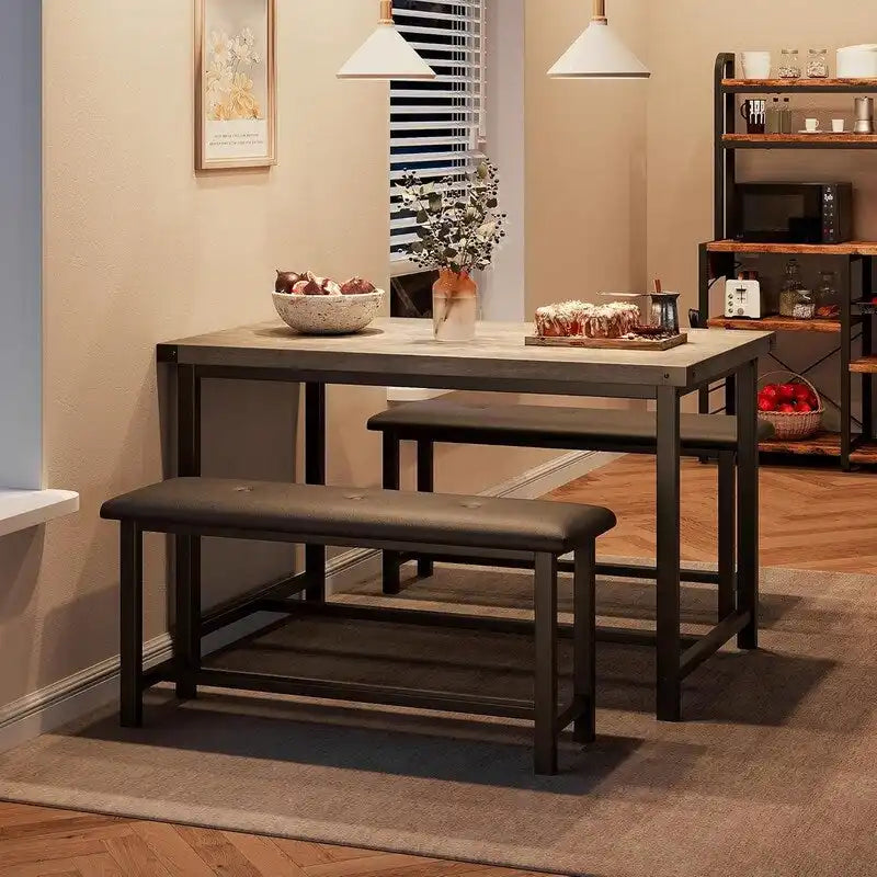 Set tavolo da pranzo per 4, tavolo da cucina con 2 panche imbottite
