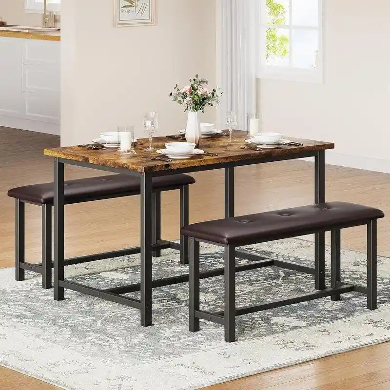 Set tavolo da pranzo per 4, tavolo da cucina con 2 panche imbottite