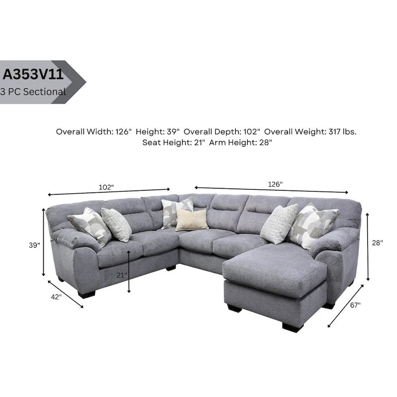 Divano componibile a U American Furniture Classics Cabral Slate modello A353V11-K23 con 6 cuscini decorativi