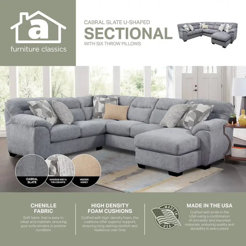 Divano componibile a U American Furniture Classics Cabral Slate modello A353V11-K23 con 6 cuscini decorativi