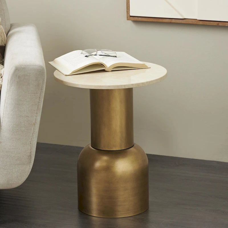 Metal Pedestal Side End Accent Table with Cream Marble Tabletop - Gold - Roche River Decor