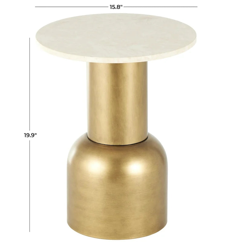 Metal Pedestal Side End Accent Table with Cream Marble Tabletop - Gold - Roche River Decor