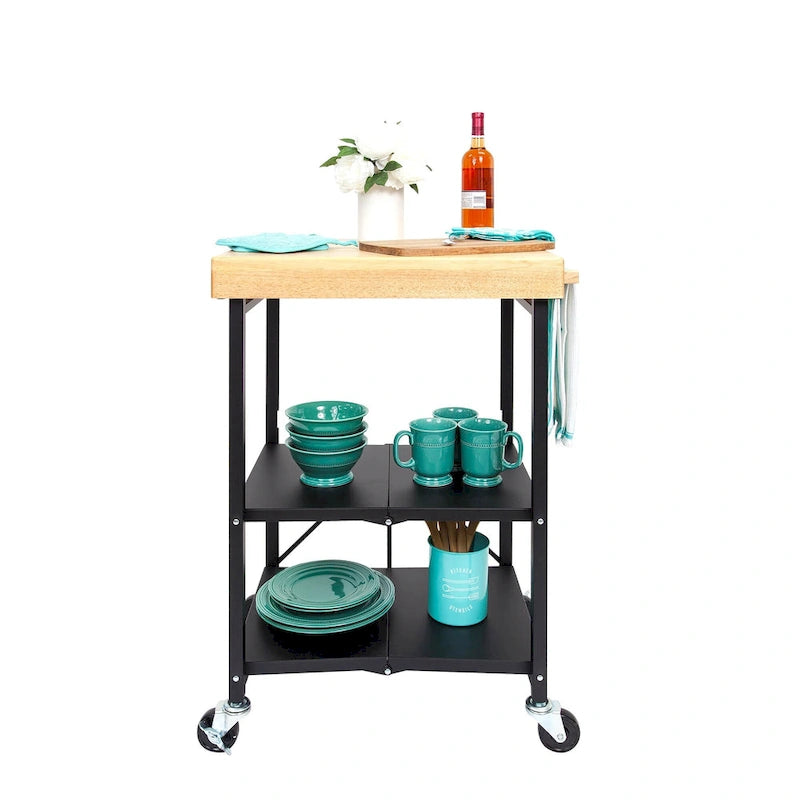 Carrello da cucina/bar portatile pieghevole Origami con ruote e piano in legno massello, argento