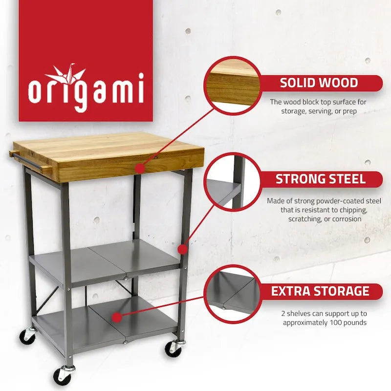 Carrello da cucina/bar portatile pieghevole Origami con ruote e piano in legno massello, argento
