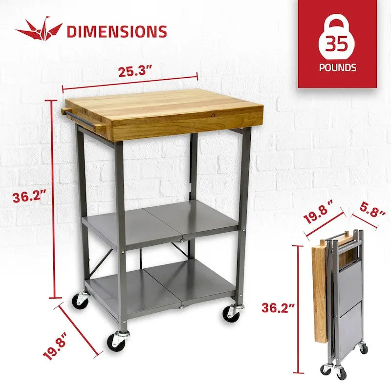 Carrello da cucina/bar portatile pieghevole Origami con ruote e piano in legno massello, argento
