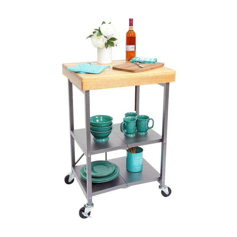 Carrello da cucina/bar portatile pieghevole Origami con ruote e piano in legno massello, argento