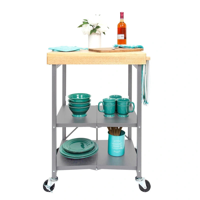 Carrello da cucina/bar portatile pieghevole Origami con ruote e piano in legno massello, argento
