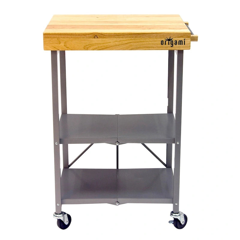 Carrello da cucina/bar portatile pieghevole Origami con ruote e piano in legno massello, argento
