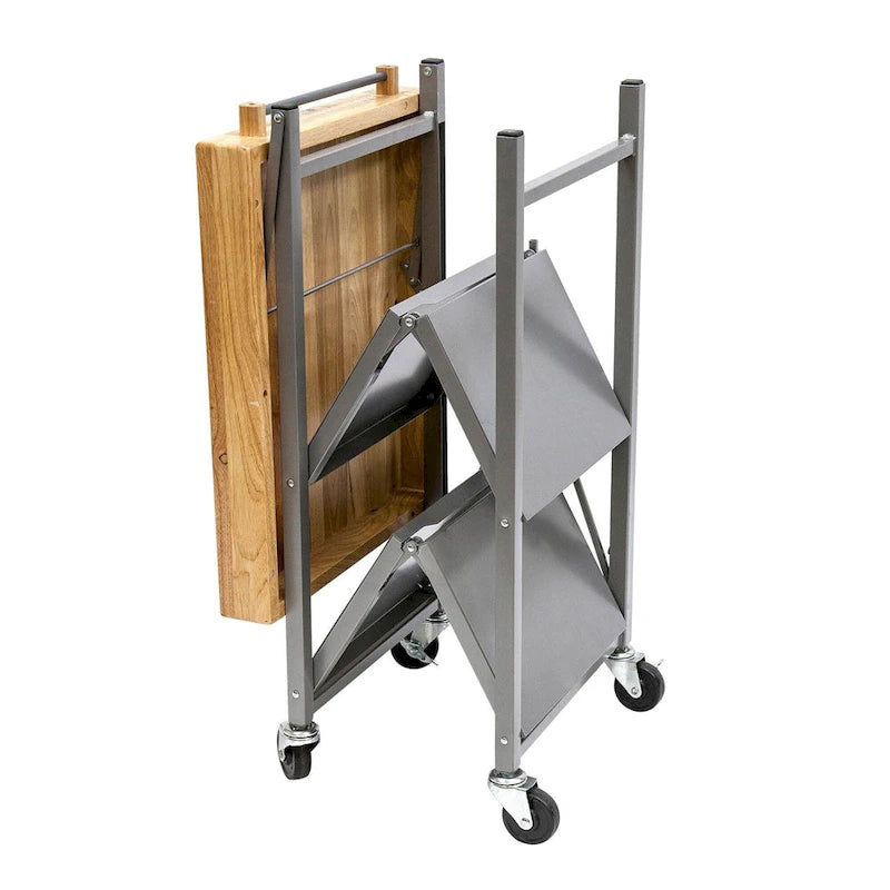 Carrello da cucina/bar portatile pieghevole Origami con ruote e piano in legno massello, argento