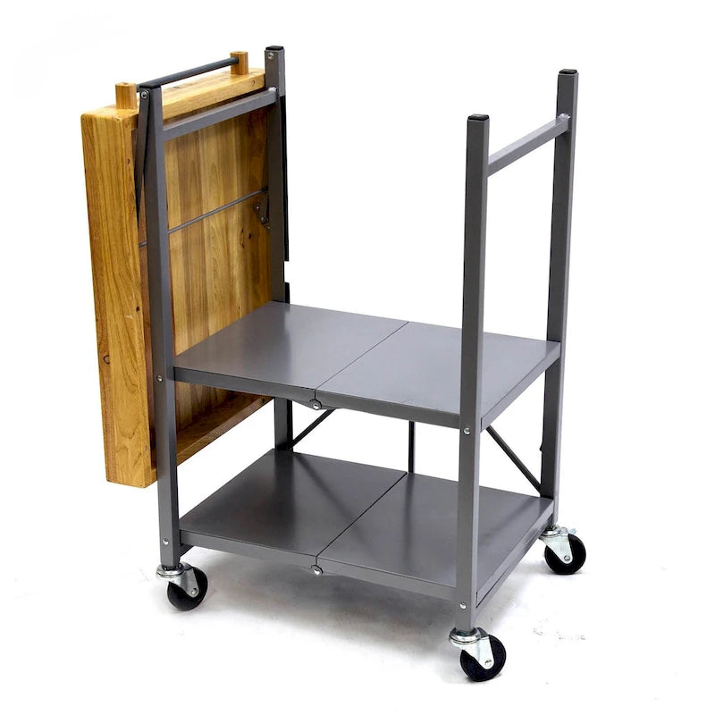Carrello da cucina/bar portatile pieghevole Origami con ruote e piano in legno massello, argento