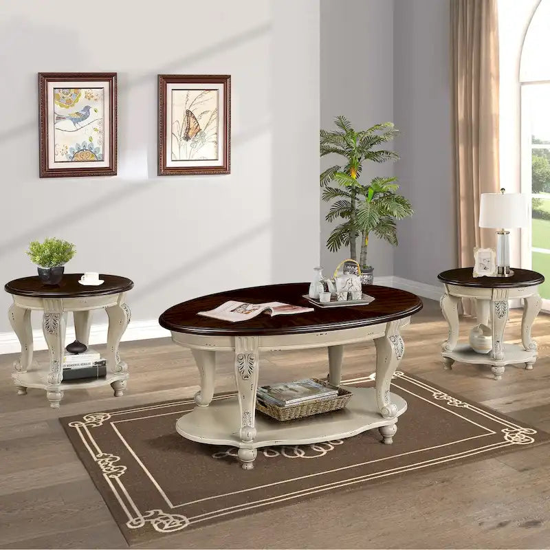 Set Tavolino da caffè, Tavolino da caffè e Due Tavolini Laterali Set da 3 Pezzi per Ufficio, Soggiorno, Top Bianco Scrostato e Ciliegio