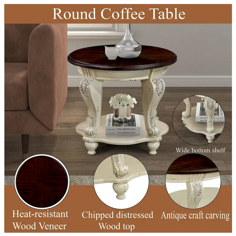 Set Tavolino da caffè, Tavolino da caffè e Due Tavolini Laterali Set da 3 Pezzi per Ufficio, Soggiorno, Top Bianco Scrostato e Ciliegio