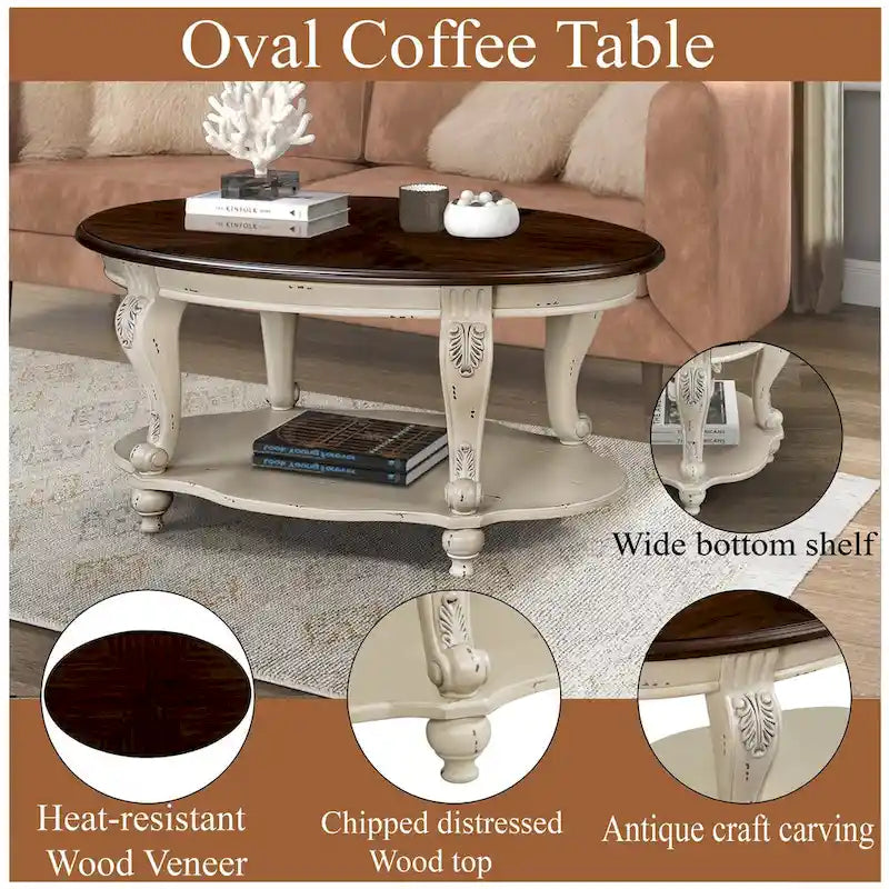 Set Tavolino da caffè, Tavolino da caffè e Due Tavolini Laterali Set da 3 Pezzi per Ufficio, Soggiorno, Top Bianco Scrostato e Ciliegio